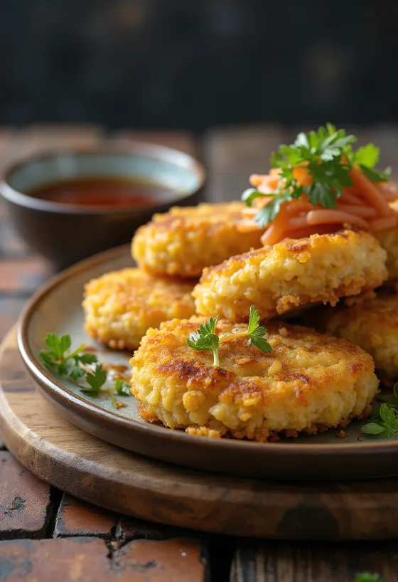 Vegán Menchi Katsu, panírozott és ropogós, zöldségekkel tálalva