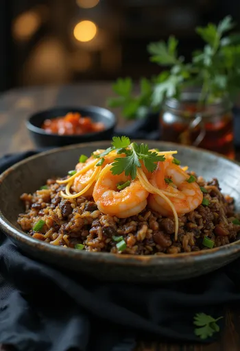 Nasi Goreng Rákokkal, gazdag fűszerekkel, rákokkal és tojással tálalva