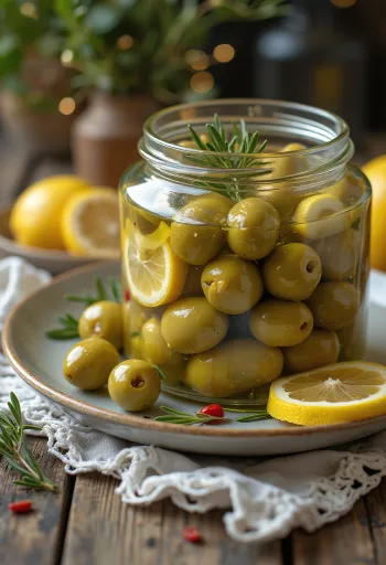 Pickled olives in a glass jar