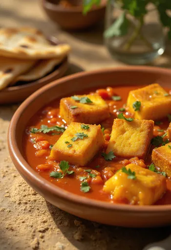 Pikáns curry tofuval tálalva korianderrel és rizzsel