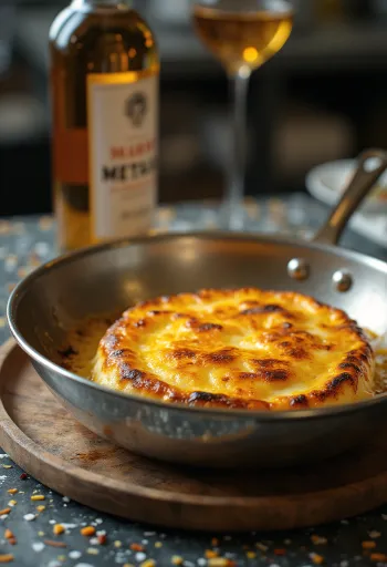 Saganaki flambírozva, aranybarna kéreggel, egy szelet citrommal tálalva