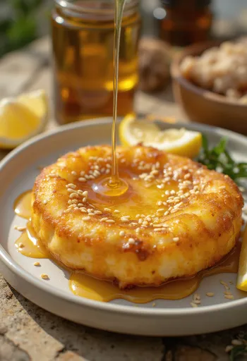 Saganaki mézzel meglocsolva és szezámmaggal megszórva tálalva