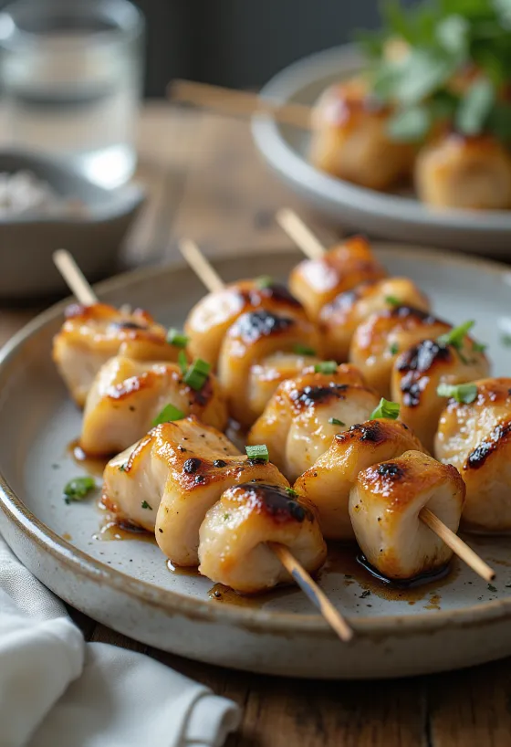 Sasami yakitori csirke mell pálcikán, szezámmaggal és friss zöldhagymával tálalva