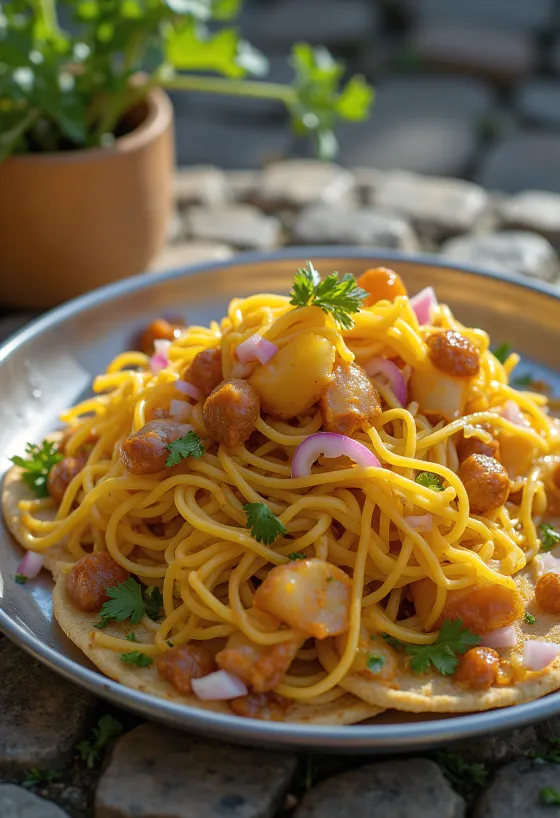 Sev puri burgonyával és hagymával tálalva