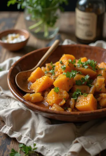Klasszikus tagine édesburgonyával, gazdag fűszerekkel tálalva, friss korianderrel
