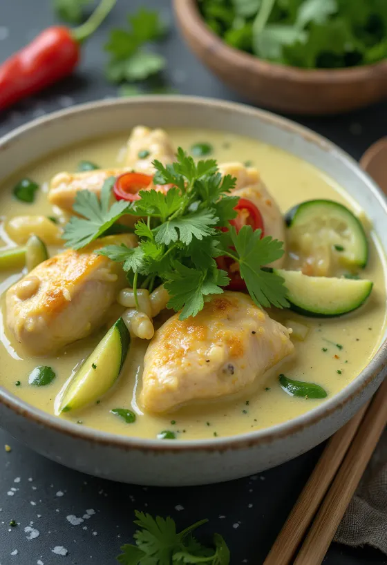 Thai zöld curry csirkével tálalva