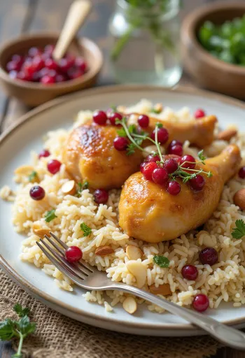 Zereshk Pulao, gazdag rizs csirkehússal, zereshk bogyóval és mandulával tálalva