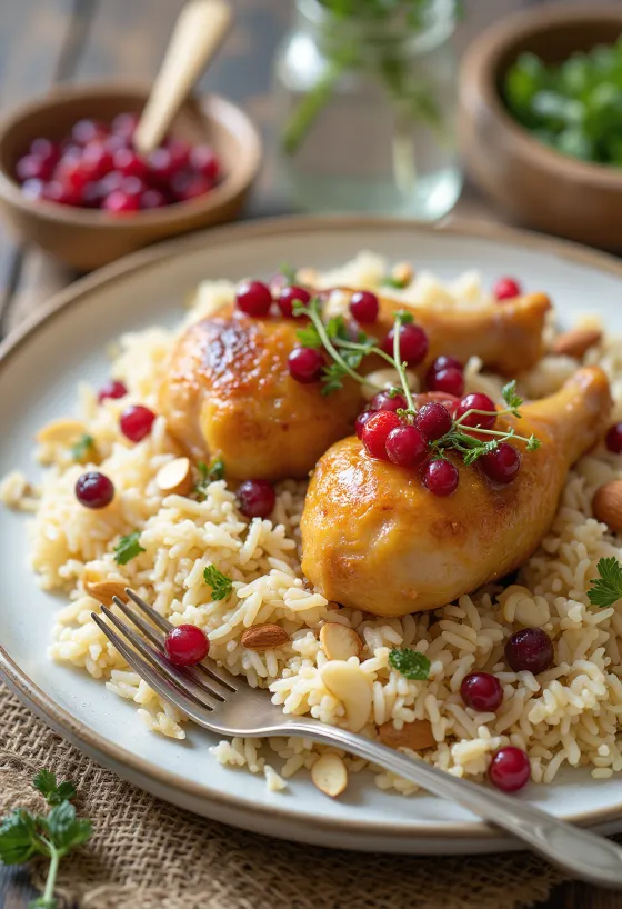 Zereshk Pulao, gazdag rizs csirkehússal, zereshk bogyóval és mandulával tálalva
