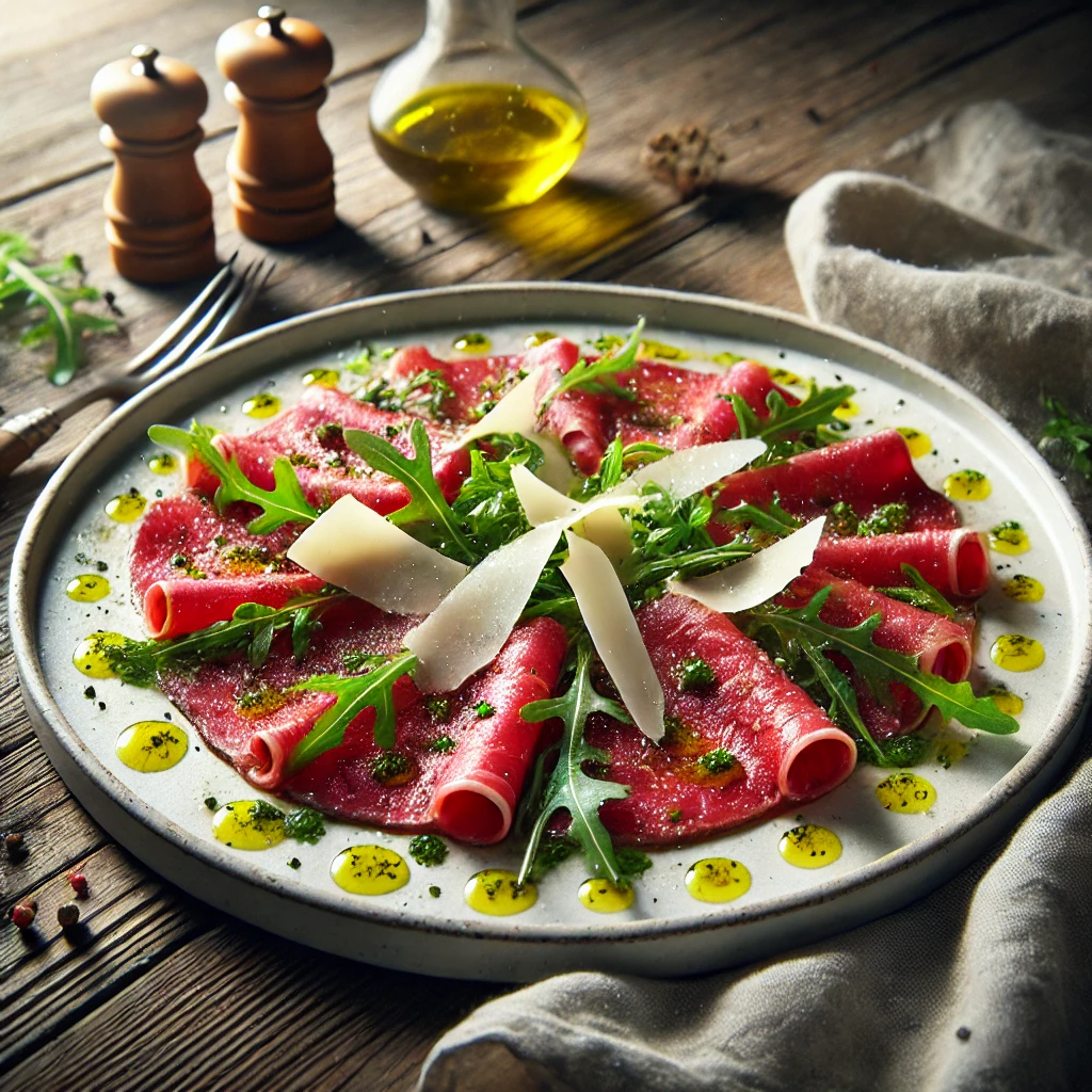 Friss bélszín carpaccio rukkolával és reszelt parmezánnal