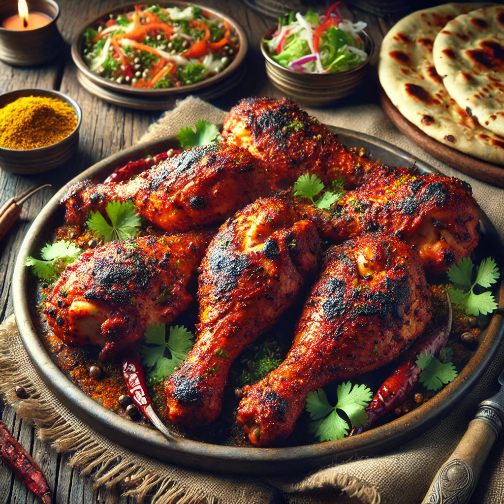 Fűszeres tandoori csirke friss salátával és naan kenyérrel