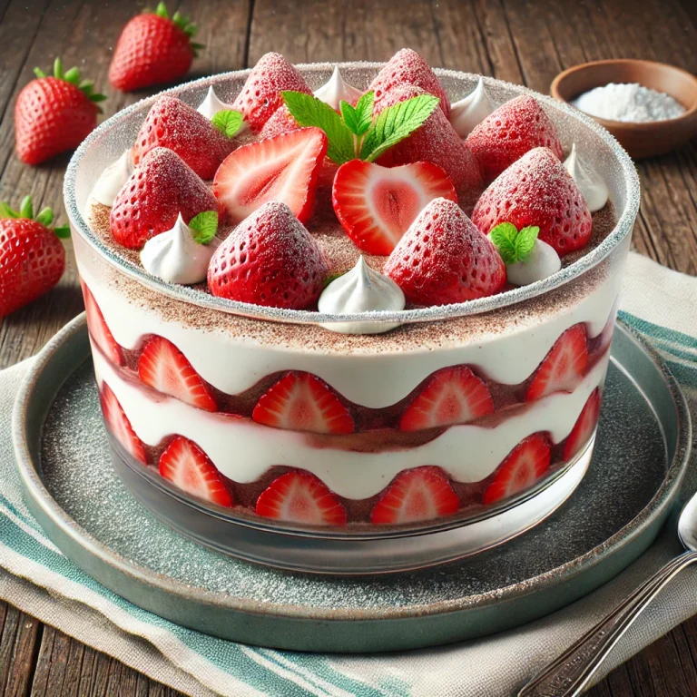 Epres tiramisu rétegezett piskótával és mascarpone krémmel, friss eperrel díszítve