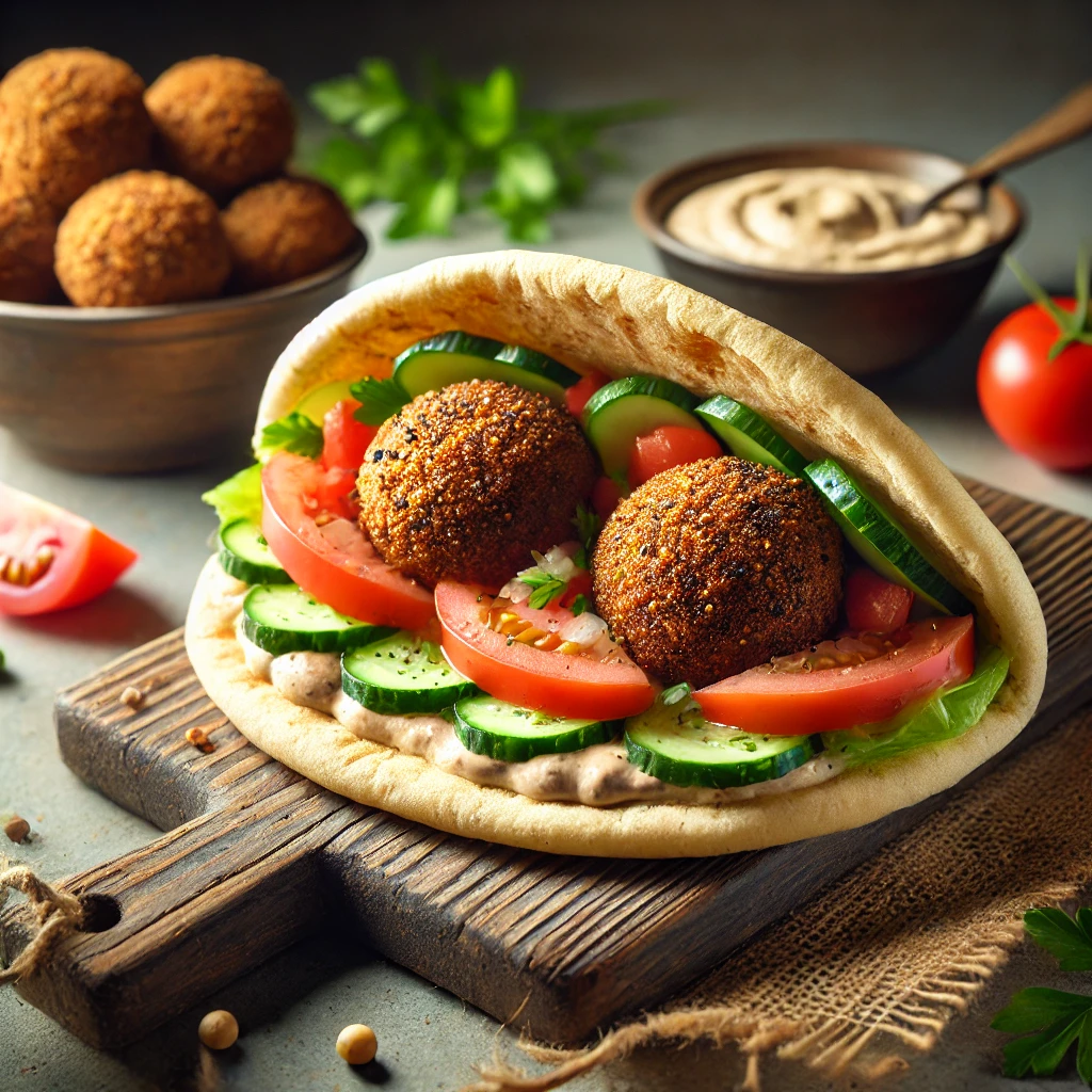 Ropogós falafel golyók pitában, friss zöldségekkel és tahini szósszal