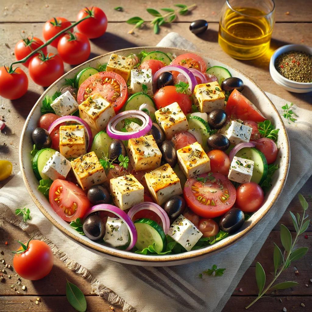 Frissítő görög saláta feta sajttal és pirított tofukockákkal