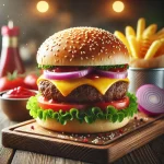Hamburger tÃ¡lalva sÃ¼lt krumplival Ã©s friss salÃ¡tÃ¡val