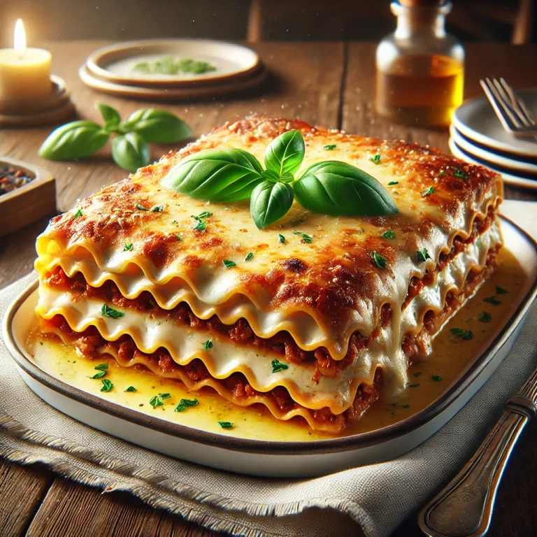 Klasszikus lasagna tálalva friss bazsalikommal