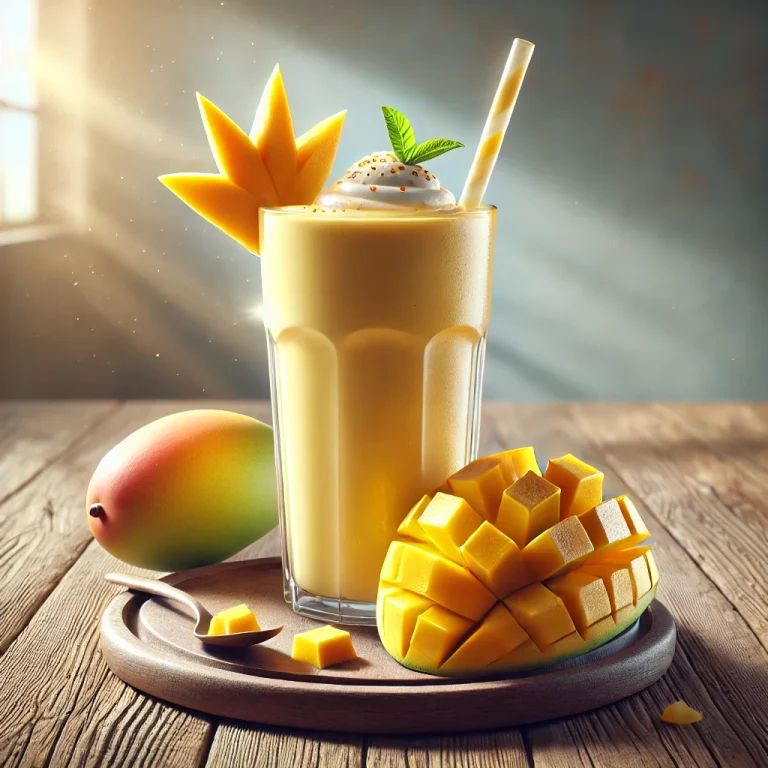 Mangós smoothie magas pohárban, mangószeletekkel díszítve