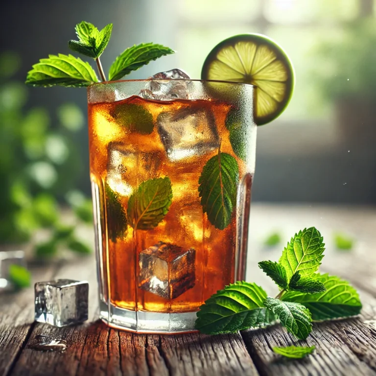 Mentás jeges tea lime szeletekkel és mentalevelekkel egy pohárban