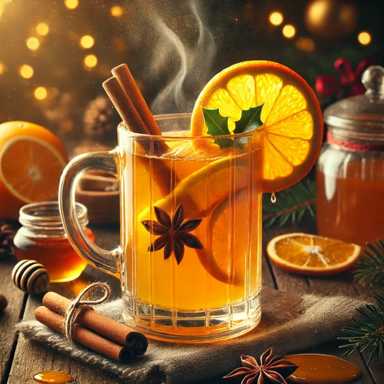 Mézes-narancsos puncs melegítő ital narancskarikával és fahéjjal díszítve