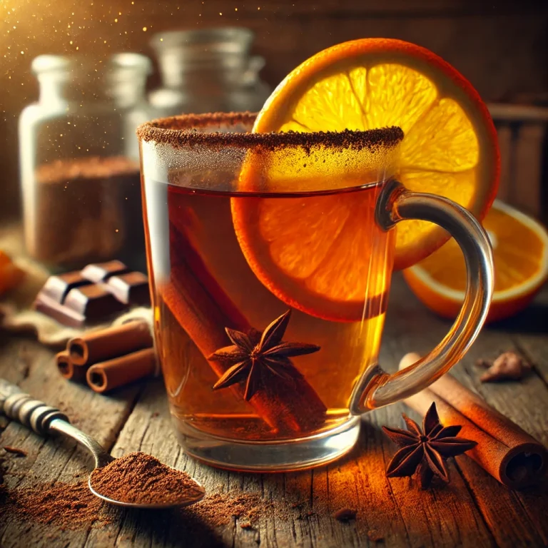 Narancsos-csokoládés tea illatos gőzzel, narancsszelettel díszítve
