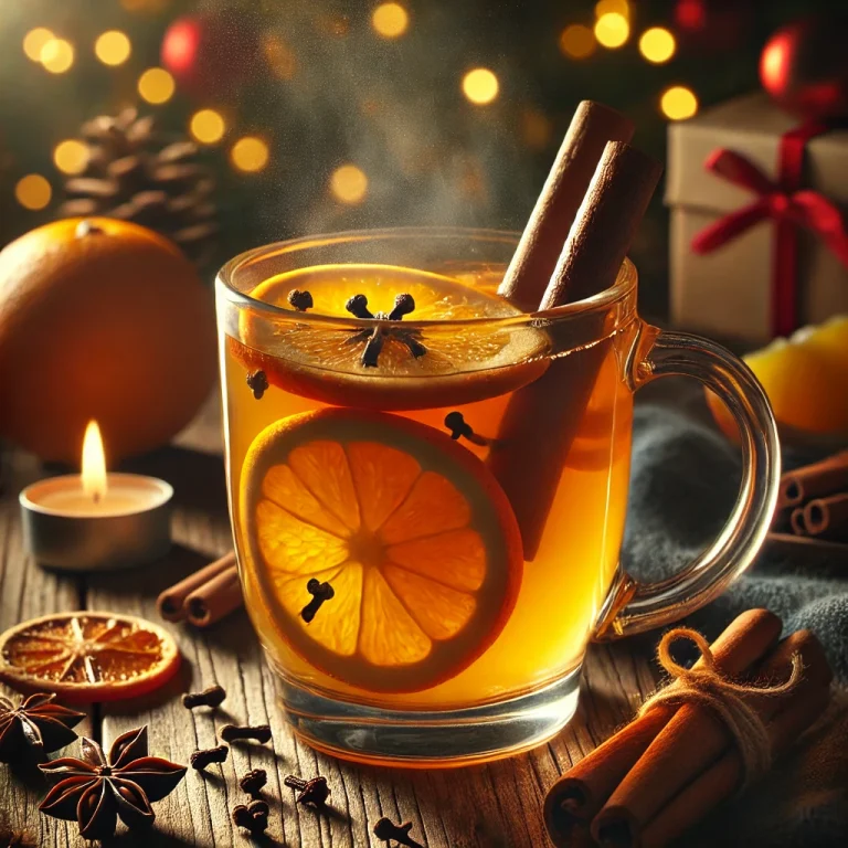 Narancsos-szegfűszeges puncs melegítő ital narancskarikával és fahéjjal díszítve