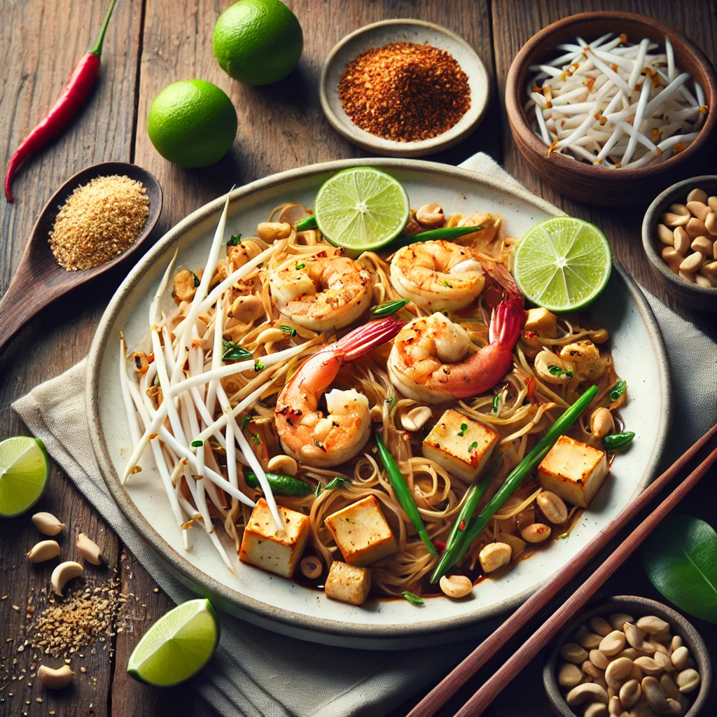 Autentikus Pad Thai rizstésztával, tofuval és garnélarákkal
