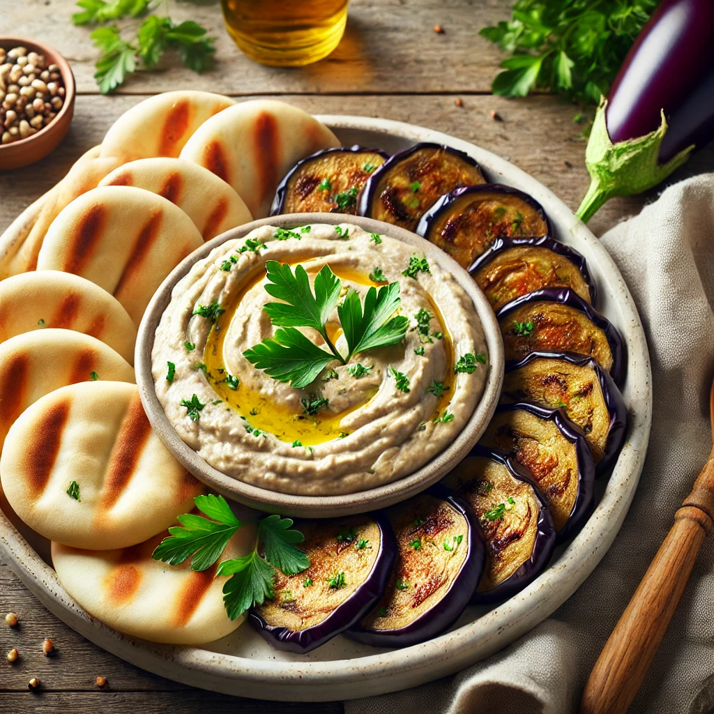 Egészséges és ízletes padlizsánkrém pita kenyérrel