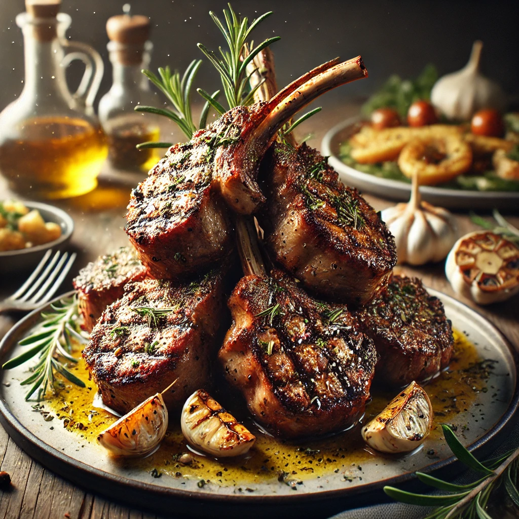 Grillezett rozmaringos báránybordák sült zöldségekkel