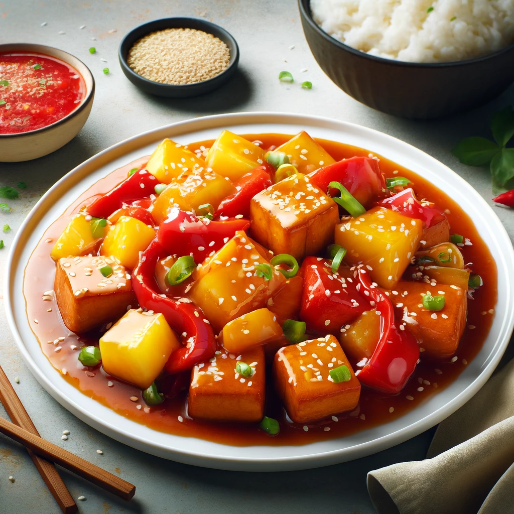 Egészséges és ízletes sült tofu édes-savanyú mártással