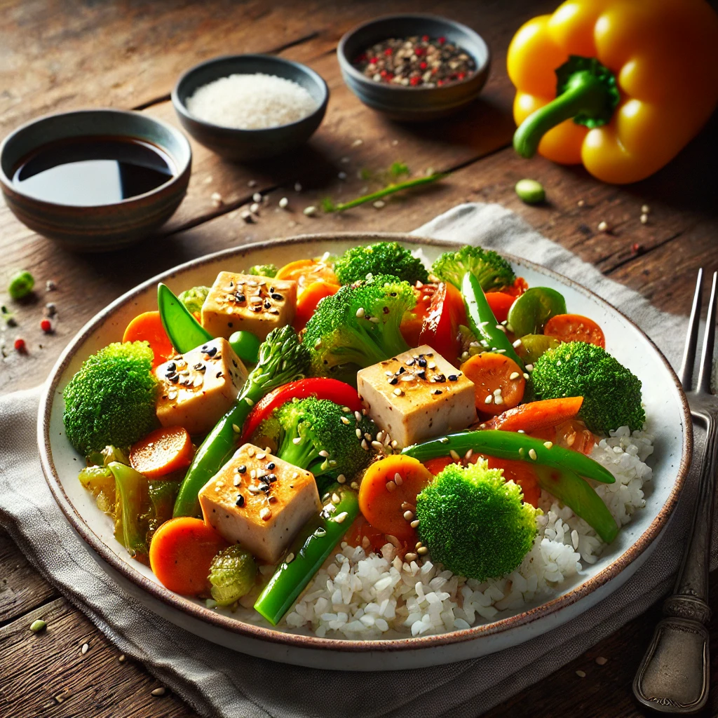 Egészséges sült tofu rizses zöldségekkel