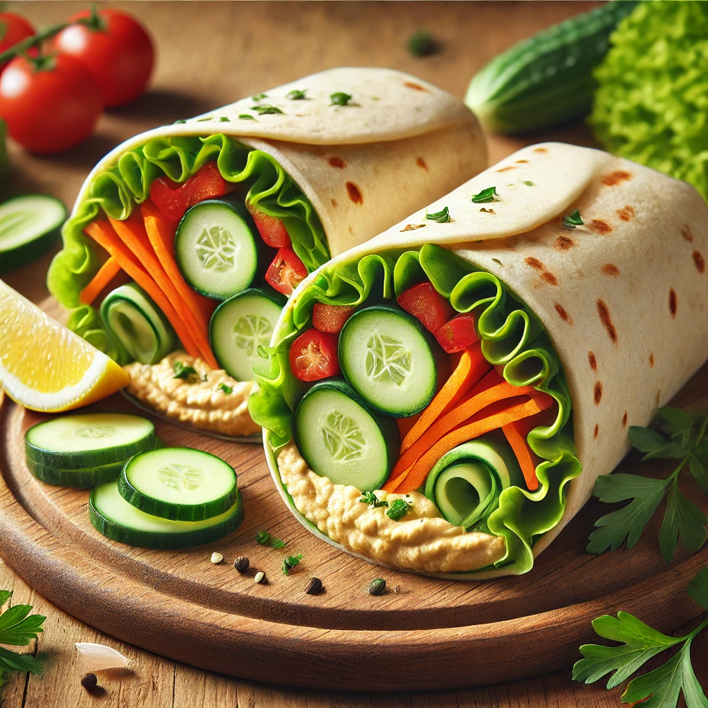 Egészséges és friss uborkás hummuszos wrap