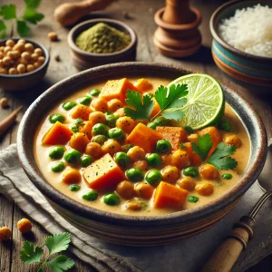 Kiadós vegán curry kókusztejjel, édesburgonyával és zöldborsóval