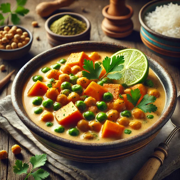 Vegán curry kókusztejjel és zöldségekkel tálalva