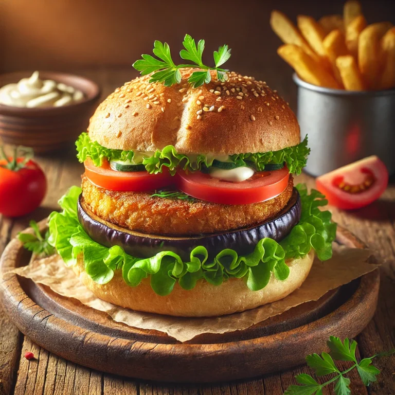 Vegán padlizsánburger friss zöldségekkel