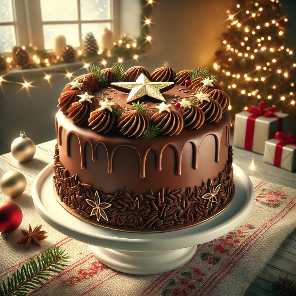 Gazdag csokoládés adventi torta ünnepi díszítéssel