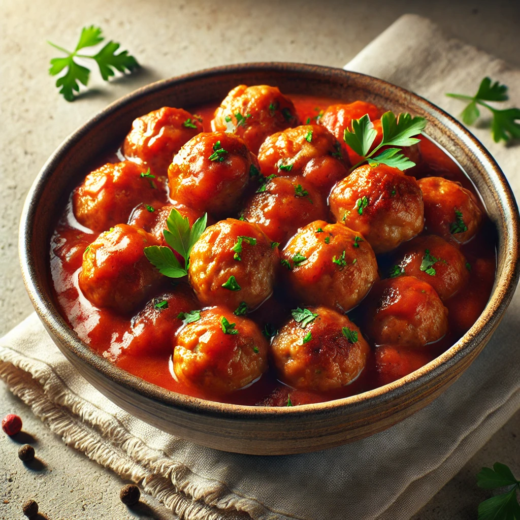 Tradicionális spanyol húsgombóc paradicsomos szószban, friss petrezselyemmel