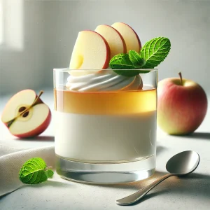 Krémes panna cotta almaborral, almaszeletekkel és mentával díszítve