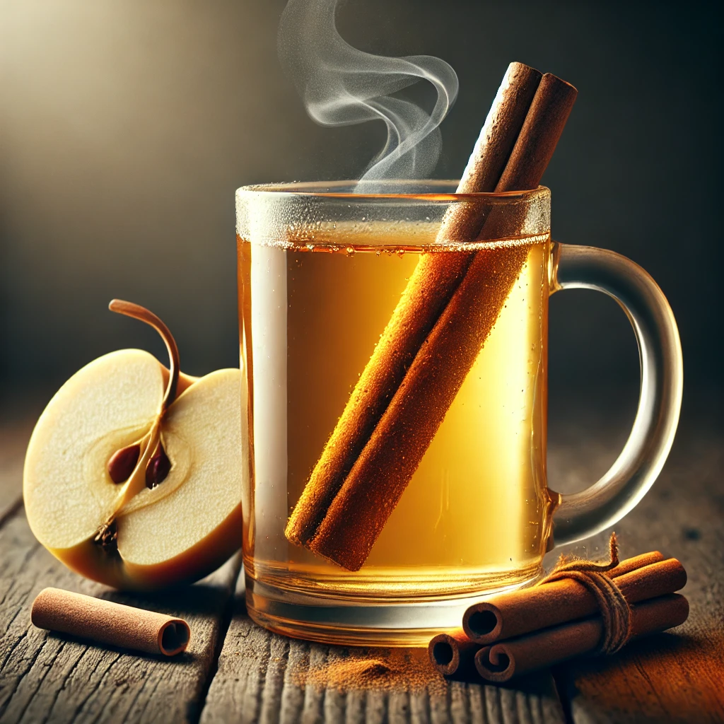 Egyszerű és aromás házi almalé fahéjjal üvegben tálalva