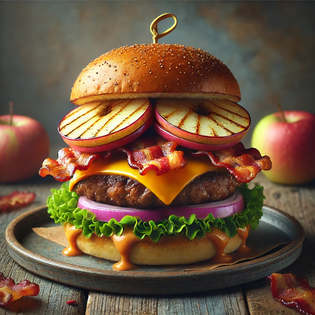 Különleges burger karamellizált almával és ropogós baconnel