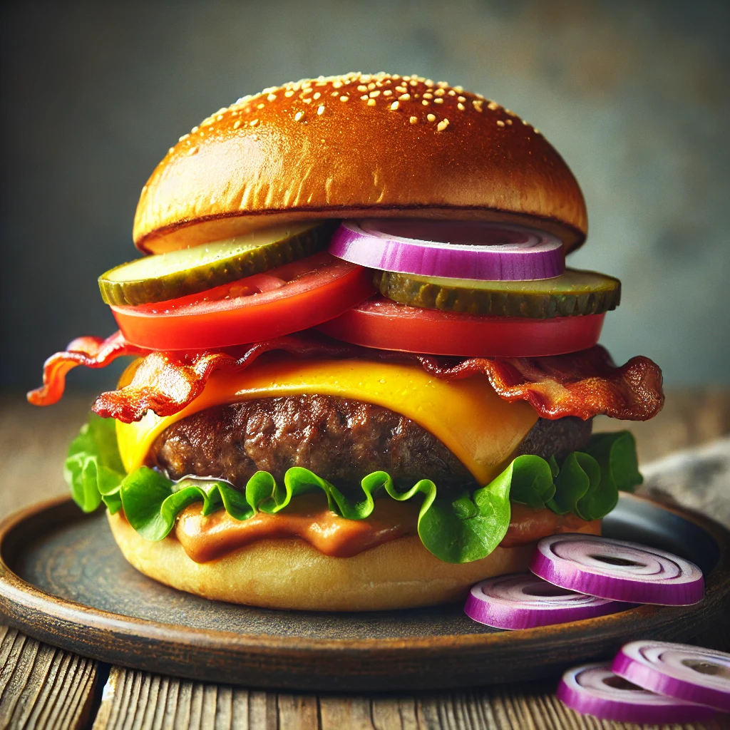 Klasszikus amerikai burger cheddar sajttal és ropogós baconnel