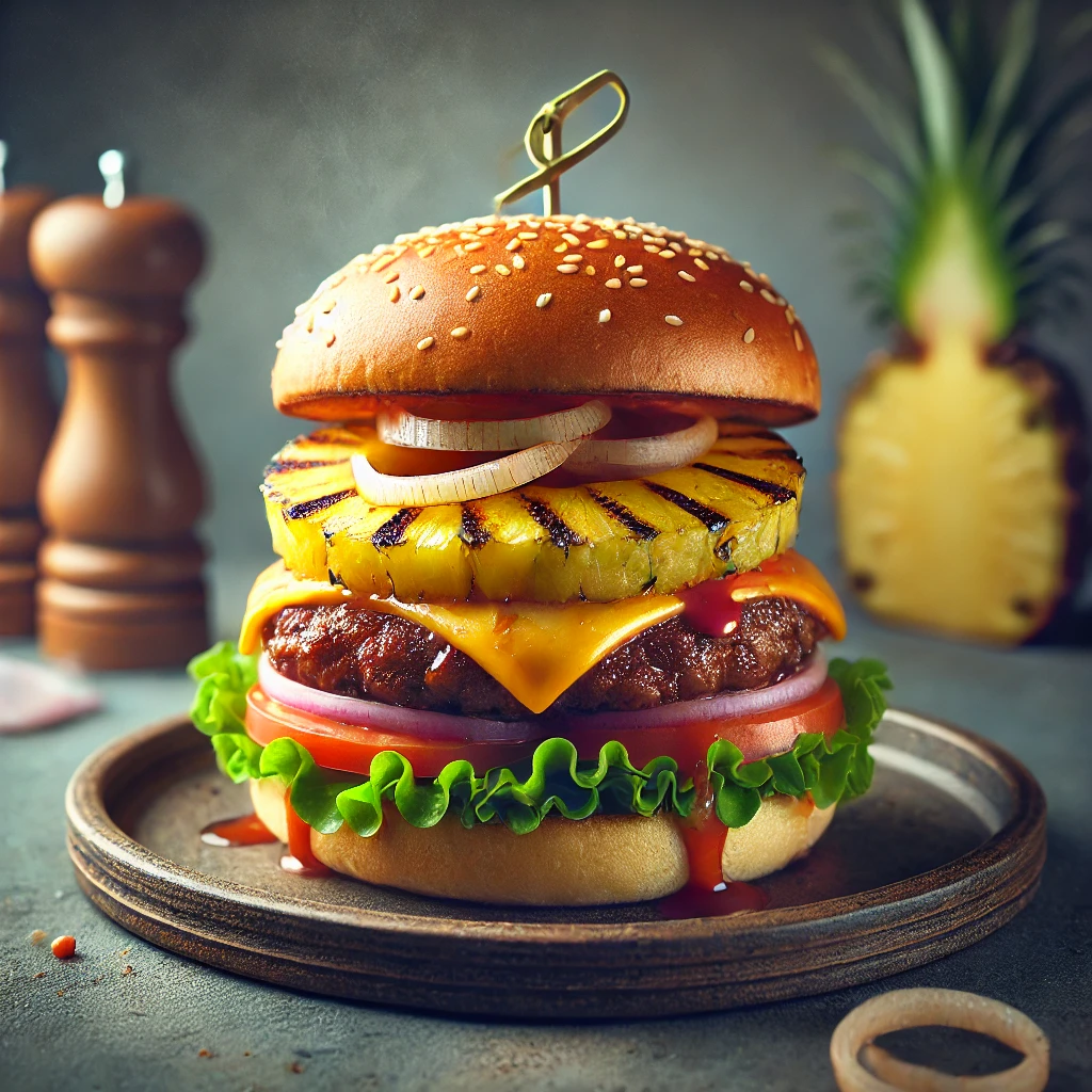 Egzotikus ízeket kínáló burger grillezett ananásszal és sajttal