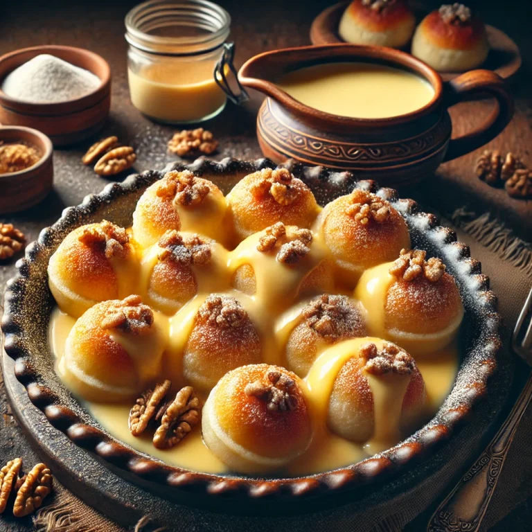 Hagyományos aranygaluska vaníliasodóval – Puha, diós galuskák édes, krémes sodóval tálalva.