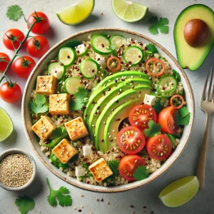 Tápláló quinoa tál lime-mal, tofuval és avokádóval