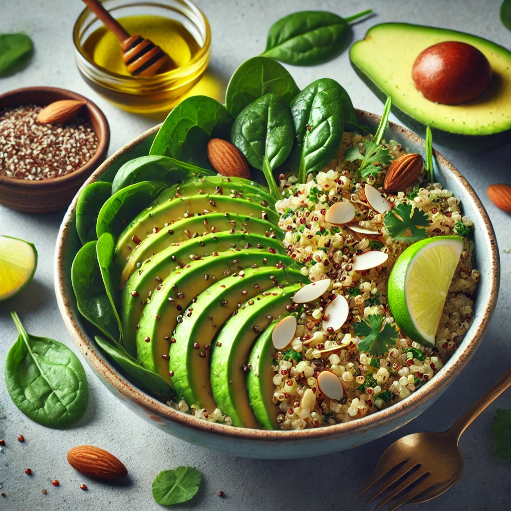 Tápláló quinoa tál avokádóval, lime-mal és pirított mandulával