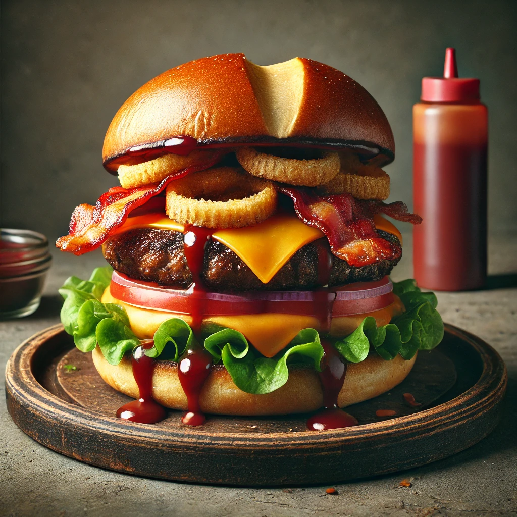 Szaftos házi BBQ burger cheddar sajttal és bacon szeletekkel