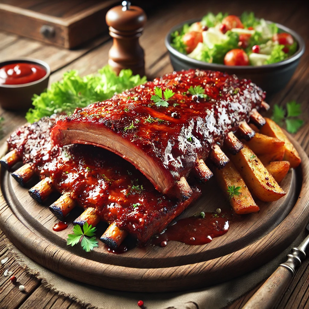 Ízletes és omlós BBQ bordák csípős szósszal tálalva