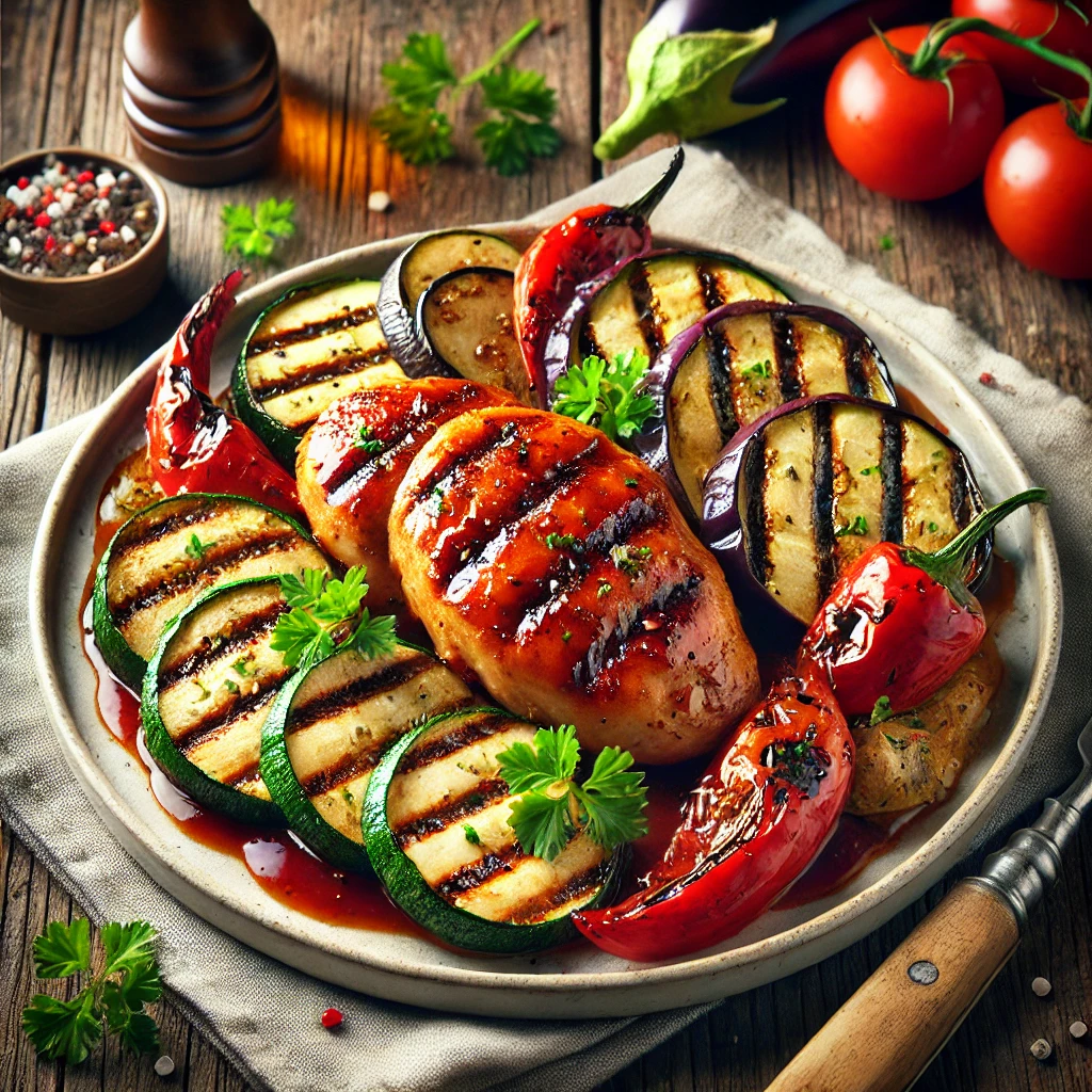 Egészséges BBQ csirkemell grillezett zöldségekkel