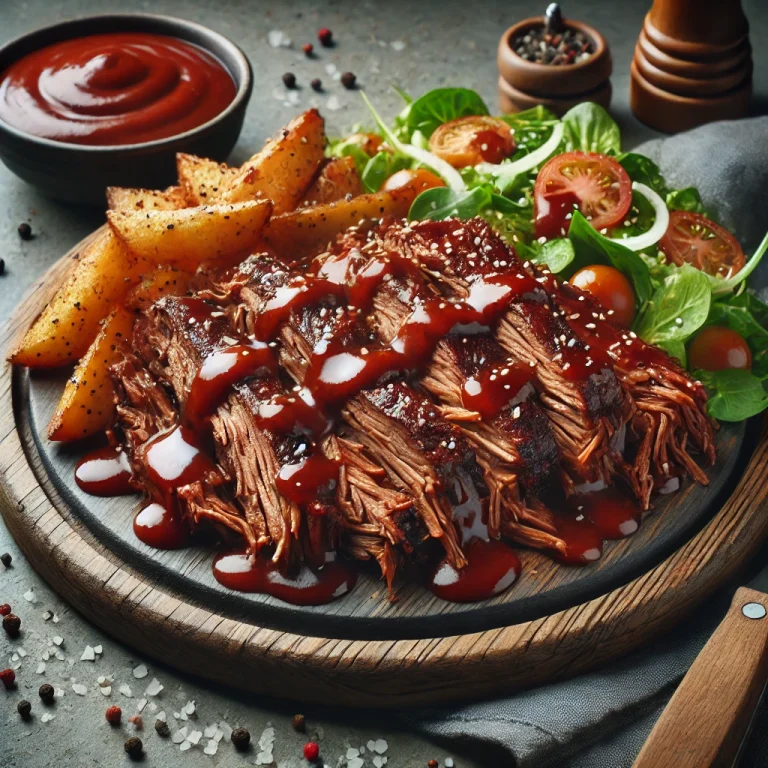 BBQ marhaszegy tálalva szálakra tépve és sült krumplival