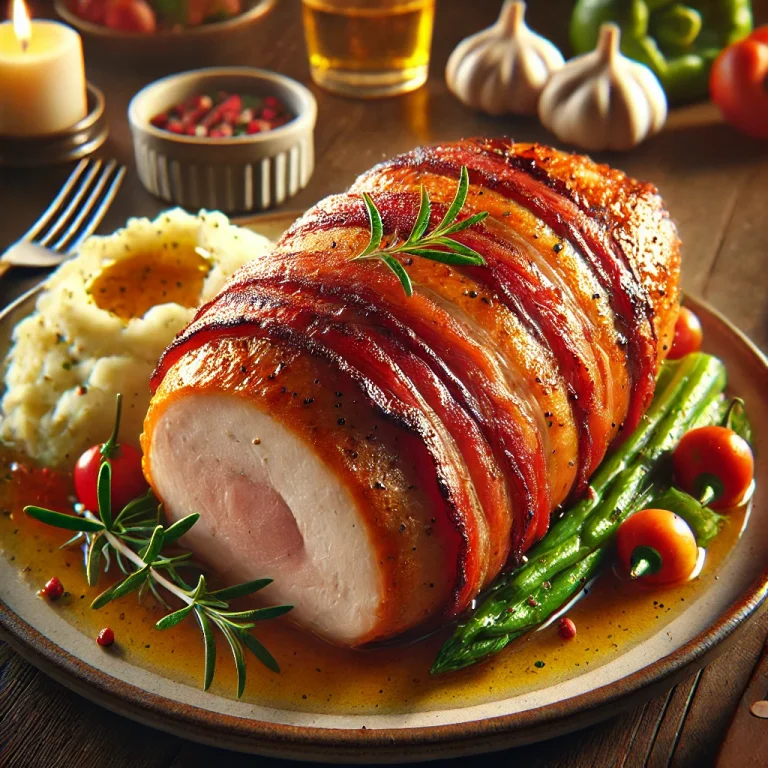 Baconbe tekert pulykamell, friss zöldségekkel tálalva