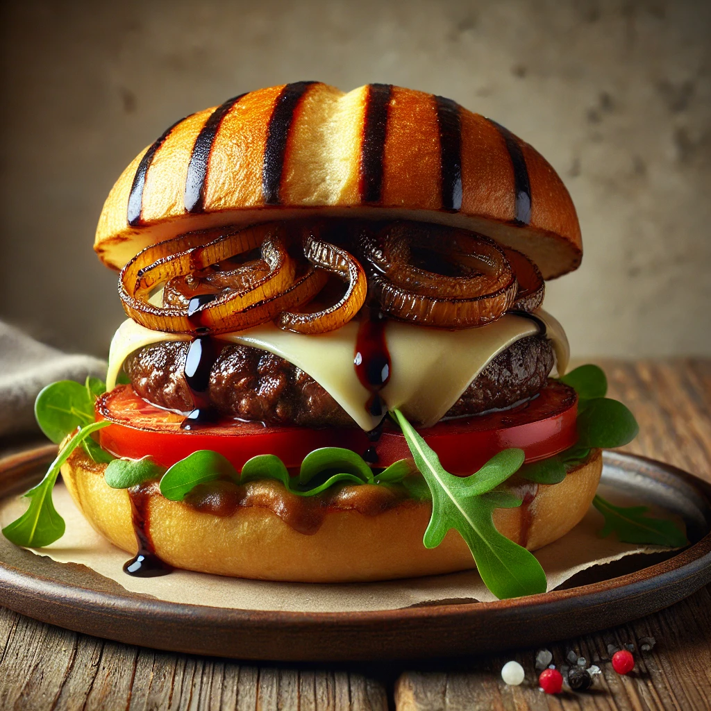 Különleges burger gouda sajttal és balzsamos hagymával