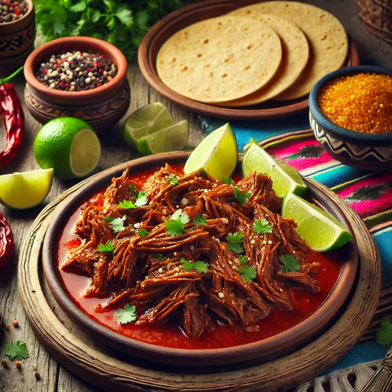 Barbacoa tálalva tortillával és lime-szeletekkel